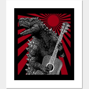 Godzilla Playing Guitar - Retro Style Posters and Art